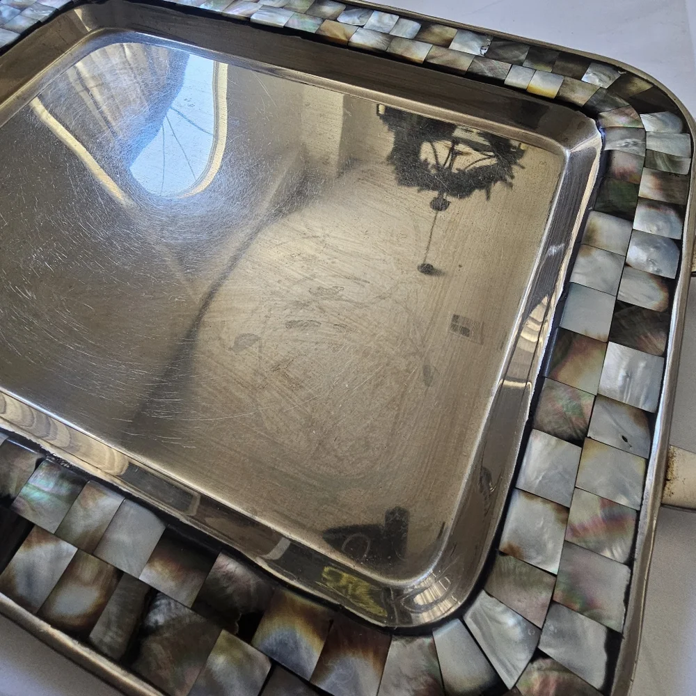 Williams Sonoma Mother of Pearl Abalone Large Tray Silver Tone Rare Retired 2015